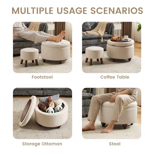 24Inch Round Storage Ottoman, Set of 2, Modern Button Tufted Coffee Table with Removable Top, Upholstered Ottoman with Storage Footrest Stool for Living Room, Bedroom (Khaki) - color: Khaki