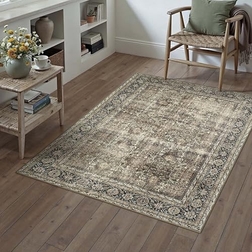 Brown Runner Rug 2x4 Vintage Traditional Distressed | Washable, Non Slip, Soft Low Pile, Hallway Carpet for Kitchen, Entryway, Laundry Room, Farmhouse Decor - color: Accent Brown, size: 2' x 4' (Runner)