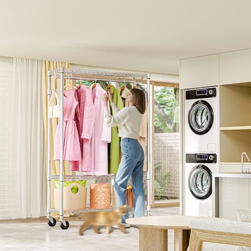 M MZG Heavy Duty Rolling Garment Rack 3 Tiers Adjustable Wire Shelving Clothes Rack with 1 Rods and Side Hooks,Storage Closet Clothing Rack with Wheels Chrome 15.7" D x 45.3" W x 75.6" H - color: Chrome, size: 3 Tier and 1 Rod 15.7"D x 45.3"W x 75.6"H