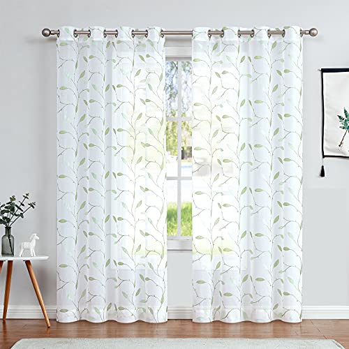 Embroidered Sheer Curtains Floral Leaf White Sheer Curtain for Bedroom Living Room Kitchen Rustic Voile Drapes Privacy Window Treatment Set of 2 Panels 96 Inches Long Grommet Top Green on White - color: *Grommet | Green on White, size: 55"W x 95"L (Pack o