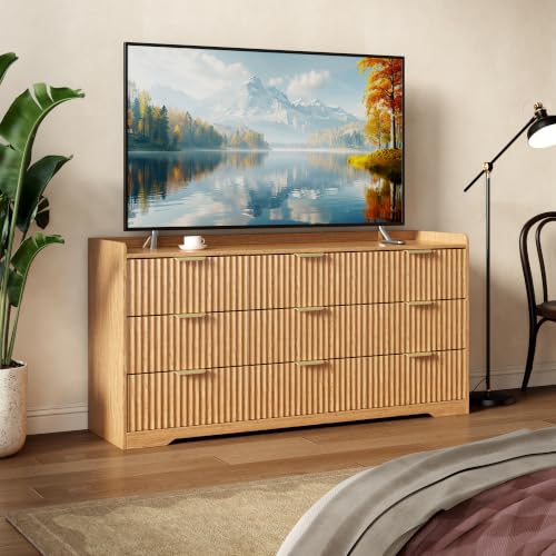 Fluted 9 Drawer Bedroom Dressers Set of 2, 47"W x 26"H, Natural Oak | Modern horizontal chests of drawers with TV stand tops, metal handles, smooth-gliding drawers and anti-tip kits - size: 9D + 9D