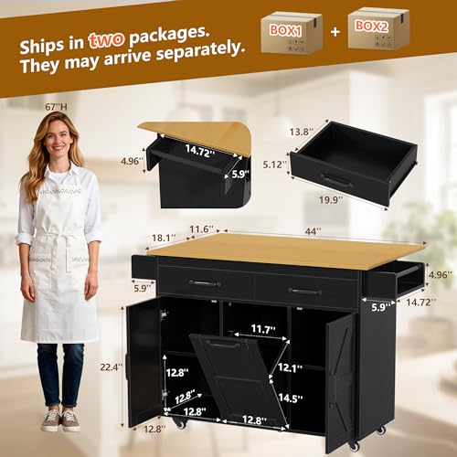 YESHOMY 56" Kitchen Island with Trash Can Storage, Drop Leaf Kitchen Island with Storage, 2 Drawers, 5 Wheels, Spice Rack & Towel Holder, Black and Yellow Oak - color: Black and Yellow Oak