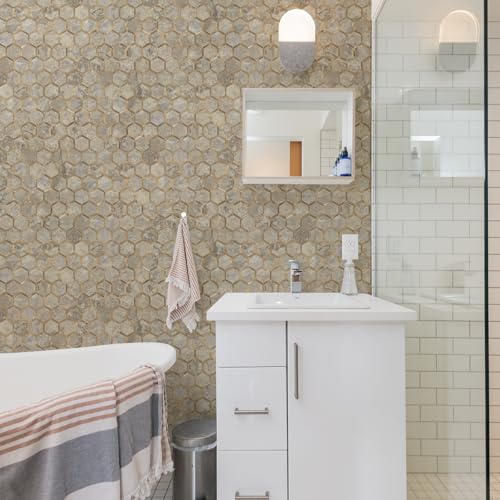 STICKGOO Hexagon Peel and Stick Backsplash Tile, Stick on Backsplash for Kitchen and Bathroom, Stone Beige PVC Mixed Metal Gold Self Adhesive Wall Tiles(10 Sheets, Seamless) - color: Stone Beige with Metal Gold