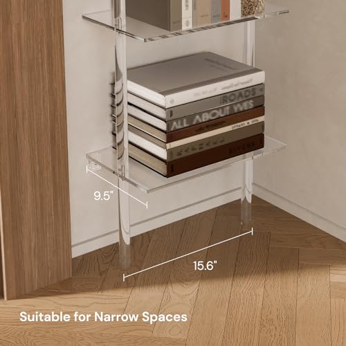 Small Acrylic Ladder Bookshelf, 9.5" D x 15.6" W, 5-Tier Clear Wall Mounted Book Shelf for Small Spaces, Multipurpose Bookcase for Living Room, Bathroom, Office, Modern, 73" H - size: 5-Tier