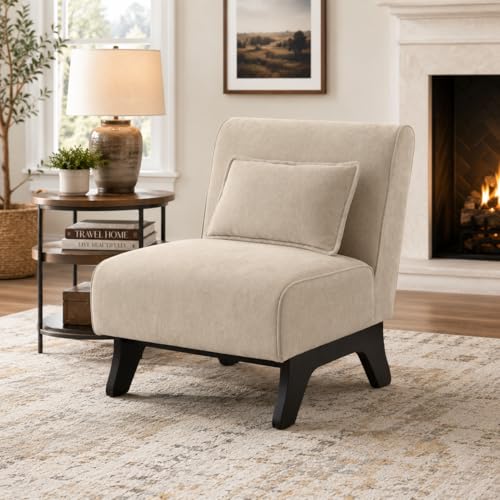Armless Accent Chair Upholstered Comfy Modern Living Room Side Chair | Comfy Small Accent Lounge Chair with Pillow & Wooden Legs Accent Chair for Living Room Bedroom Farmhouse Reading Brown - color: Brown