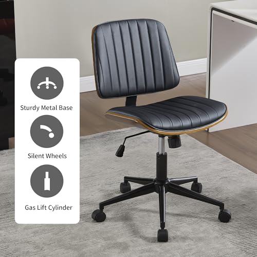 VipDesk Small Home Office Chair - Armless Mid Back Desk Chair with 360° Swivel and Wheels, PU Upholstered Height Adjustable Modern Walnut Computer Chair for Home, Office Meeting Room - Black - color: Black, size: Classic