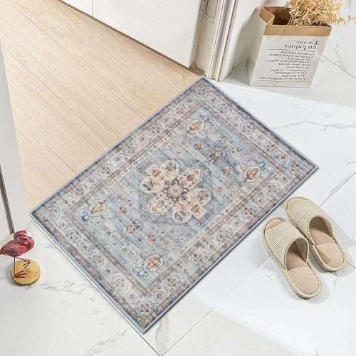 Washable Hallway Runner Rug 2x3: Living Room Rug Farmhouse Distressed Mat | Non Slip Runner Rugs with Rubber Backing Blue- Soft Kitchen Rug - Farmhouse Distressed Carpet Runner for Bedroom Bathroom - color: Blue, size: 2' x 3' (Rectangular)