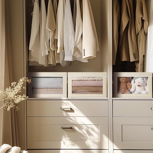 Storage Bins with Lids - Fabric Closet Storage Bins with Window, Collapsible Baskets for Shelves 4 Pack, Home Decorative Boxes for Clothes, Closet, Office, Beige - color: Beige yellow, size: L(4-Pack)