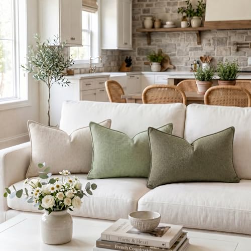 Fancy Homi Set of 2 Olive Green 12x20 Inch Soft Chenille Decorative Throw Pillow Covers with Flange Edge, Lumbar Neutral Modern Boho Textured Cushion Case Home Decor for Couch Sofa Bed Living Room - color: Olive Green, size: 20" x 12" (Pack of 2)
