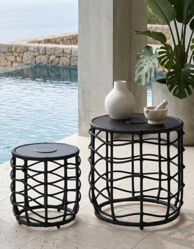 Boho Solar Outdoor Side Table with Built-in Lights Set of 2, All-Weather Wicker Nesting Tables, Round Waterproof Accent End Table Design for Patio, Porch, Garden & Balcony, Black - color: Black
