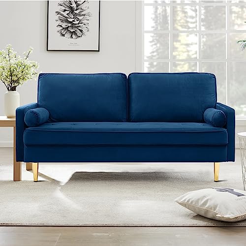 67" Modern Velvet Loveseat Sofa Couch, Mid-Century Tufted Upholstered Small Love Seat Couch with 2 Pillows & 4 Golden Legs, 2-Seats Couches for Compact Space, Living Room, Apartment (Navy) - color: Navy