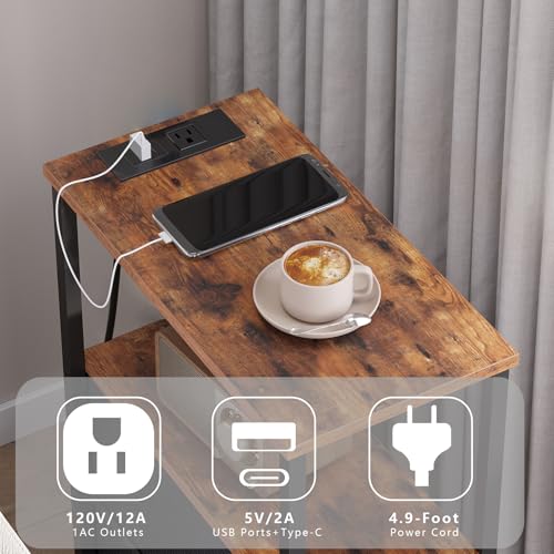 TUTOTAK Narrow End Table with Charging Station, Skinny Side Table | Bedside Table with Outlets, Nightstand with 2 Cloth Drawers, Couch Table for Living Room, Bedroom, Brown and Black TB01BB055K - color: Brown and Black, style: 2 Drawers & Plug