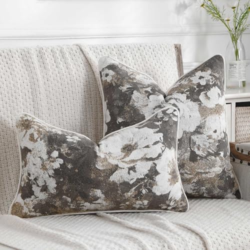 Vintage Floral Throw Pillow Covers 20x20 Set of 2 Neutral Boho Farmhouse Soft Chenille Jacquard Decorative Couch Pillow Covers for Sofa Couch Bed Living Room Home Décor Beige and Taupe - color: Beige and Taupe, size: 20" x 20" (Pack of 2)