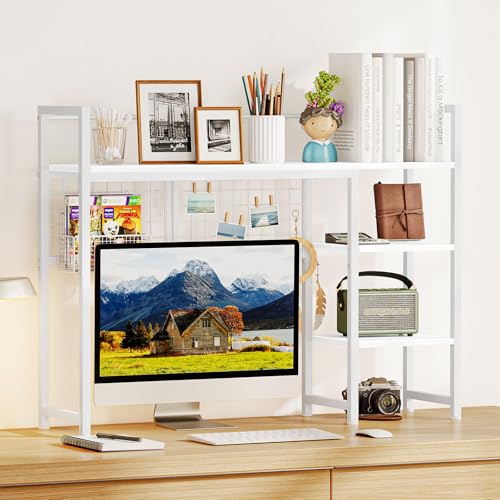 Snughome Desk Shelf, 38.6" Desktop Organizer Shelf, Desk Hutch for Computer Monitor, 4 Tier Desktop Display Rack with Pegboard Hooks Set, Wood Desk Bookshelf for Home Office Dorm, White - color: White, size: 38.6"