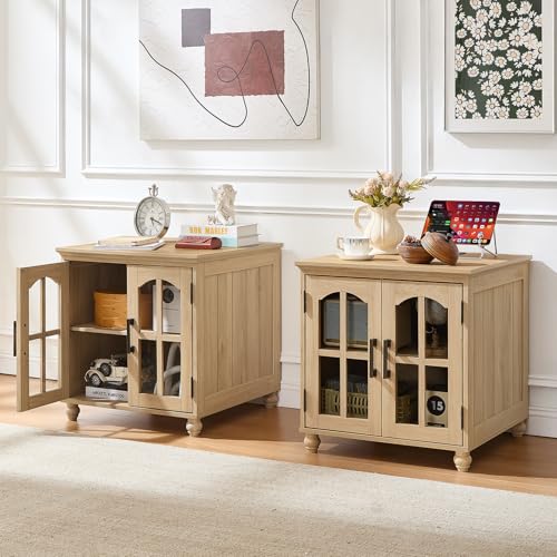 RWYHG Farmhouse 24" End Table Set 2 with Charger, Glass Barn Door, Natural | USB Ports, Solid Wood Legs, Adjustable Storage Shelf, Square Bedside Table for Living Room,Bedroom - color: Natural Wood, size: Set 2