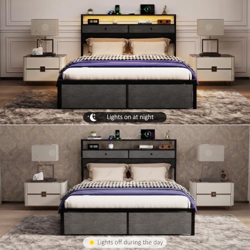 Queen Bed Frames with LED Lights and Charging Station, Platform Bed with Metal Slats, Wood Headboard with 2 Fabric Drawers and Storage Shelves, No Box Spring Needed