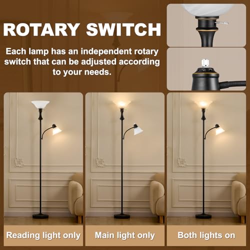 Torchiere Floor Lamp with Adjustable Angle Reading Lamp-Black 71IN | Standing Lamp for Bedroom with Glass Shade, Tall Floor Lamp for Living Room Decor, Office, Corner, Knob Switch, Bulb Included - color: Black