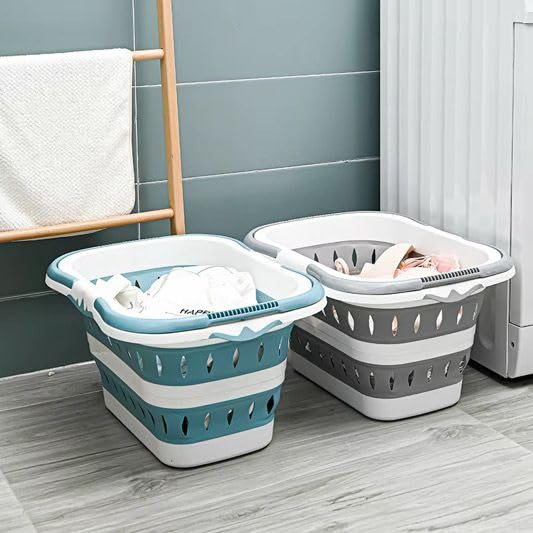 AMSHI Collapsible Laundry Basket 42L – Foldable Pop-Up Hamper with Handles, Space-Saving Design for Bedroom, Bathroom, Dorm Room & Small Apartments, Grey/White