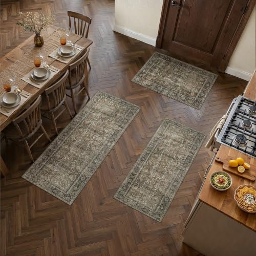 Brown Kitchen Rug Set 3 Piece 2x3+2x4+2x5 Vintage Distressed | Washable, Non Slip, Low Pile, Floor Mats for Entryway, Kitchen, Bathroom, Laundry Room, Farmhouse Decor - color: Accent Brown, size: 2'x3'+2'x4'+2'x5'