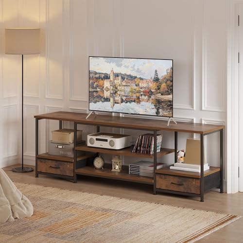 DUMOS 63" TV Stand with Fabric Drawers for 65 70 75 Inches TV | Entertainment Center and Industrial TV Console Table with Open Storage Shelves for Living Room, Bedroom, Rustic Brown - size: 63.0 Inch