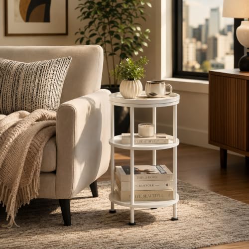 Small Round Side Table with Tray Top (Patented Design), 11.8" Narrow End Table for Small Spaces, 3-Tier Modern White Nightstand, Original Accent Furniture for Living Room Bedroom (Classic, White) - color: White, style: Classic
