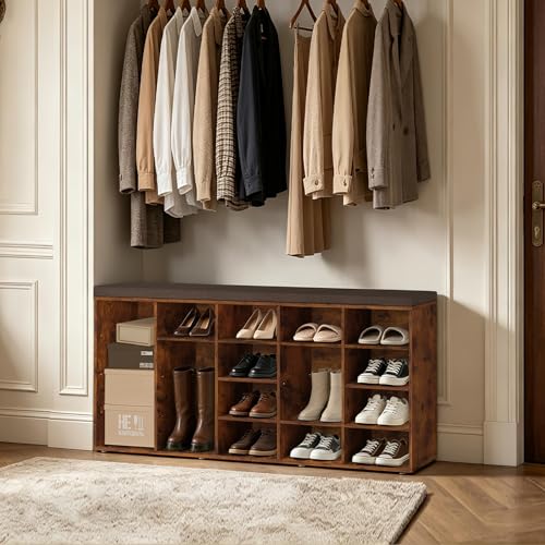 Shoe Storage Bench, 20-Cubby Shoe Rack Bench with Cushion | 50.5"L Entryway Shoe Organizer, Fully Adjustable Shelves for Boots, Removable Washable Cushion, Closet/Hallway, Rustic Brown - color: Rustic Brown, size: 20 Cubby