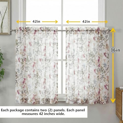 Crushed Sheer Curtains Tiers 36 Inch Length 2 Panels, Printed Design Small Half Curtains Kitchen Tiers Bathroom Cafe Bedroom Living Room, Light Filtering Curtain, Purple, 42"x36" - color: Purple/Multi, size: 42"W x 36"L (Pack of 2)