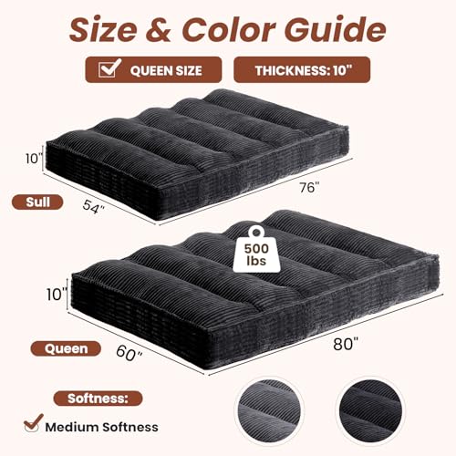 10" Futon Mattress Queen Size,Futons Sofa Couch Bed with Straps, Thick Corduroy Floor Mattress for Adults, Roll Up Folding Mattress Shredded Foam Filling, Medium Firm (Black, Queen) - color: Black, size: Queen (10 inches)