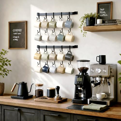 17" Coffee Mug Hook Rack Wall Mounted Set of 2 | Black Metal Tea Cup Holder Hanger Organizer 10 Hooks, Kitchen Rail Utensil Rack for Dining Room Coffee Bar