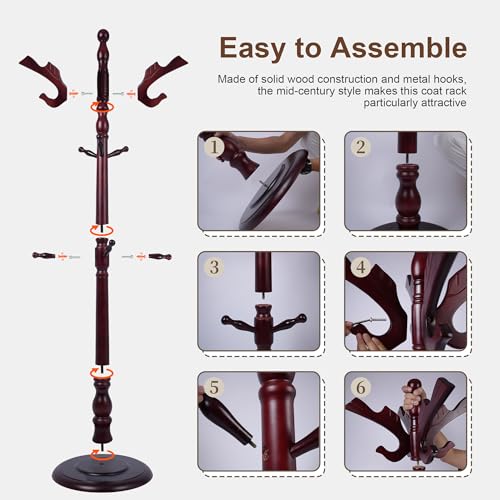 Wooden Coat Rack Freestanding with 11 Hooks, Adjustable Height Coat Tree Free Standing Heavy Duty for Entryway, Easy Assembly Solid Wood Sturdy Coat Hats Hanger Stand for Office Hallway Bedroom - color: Redwood-Solid Wood Hook A
