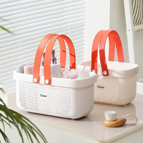 JiatuA Plastic Storage Basket with Handle Portable Shower Caddy Tote Organizer Basket Bin for Bathroom Kitchen Dorm Room Bedroom, White | Sturdy Drainage Large Capacity Organizer Basket with Silicone Handles for Bathroom Kitchen Bedroom College Dorm Essen