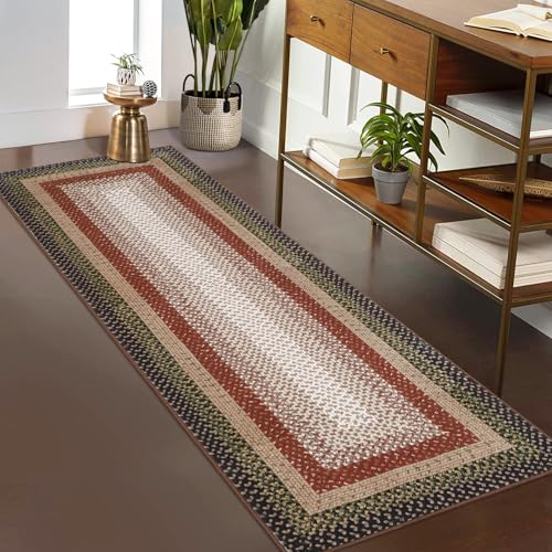 Washable 2x10 Long Hallway Runner Rugs Braided Print Rug Non Slip | Farmhouse Kitchen Carpet Low Pile Rustic Accent Area Rugs for Living Room Bedroom Bathroom, Crimson/Earthy - color: Crimson/Earthy, size: 2' x 10' (Runner)