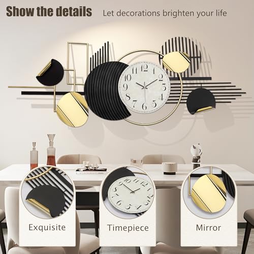 ERMOFAV Metal Wall Art, Black and White Decor for Living Room, Abstract Modern Creative Geometric Round Art Decor 57" × 23" Large 3D Wall Clock for Bedroom, Dining Room, Home Hanging Wall Sculpture