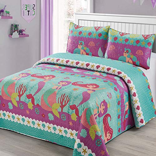 3pc Full/Queen Size Quilt Bedspread Kids/Teens Mermaid Dolphin Under The sea Branches Sea Life Purple Pink Teal Girls Multicolor Bedding New - color: Riding Mermaid, size: Full/Queen