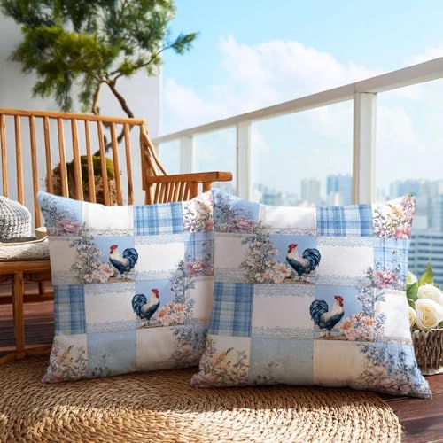 Firmiso Farmhouse Rooster Throw Pillow Covers 18x18 Set of 2|Country Rustic Chicken Cushion Covers for Couch Sofa Bed|Blue White Patchwork Pillow Cases|Cottage Kitchen Barn Home Decor - color: Farmhouse Rooster