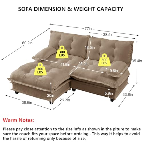 Modular L-Shaped Sofas for Living Room,Roomy Loveseat Couch with Ottoman,Small Chenille Love Seat Cloud Couches,Modern Tufted 2-Seat Sectional Sofa for Small Spaces - color: Light Coffee, size: 2+1