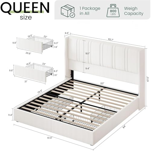Queen Size Bed Frame with 4 Storage Drawers and Wingback Headboard Linen Upholstered Platform Bed Frame with Wooden Slats, Easy Assembly, White | 4 Storage Drawers, Linen Upholstered, No Box Spring Needed, Easy Assembly - color: White, size: Queen