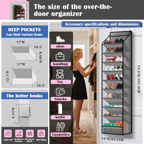 10 - Pocket Over - the - Door Hanging Shoe Organizers & Rack, Made of Sturdy 600D Oxford + Non - Woven Fabric, Space - Saving Storage for Shoes, Boots & More (Gray) - color: Gray