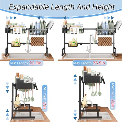 ADBIU Over The Sink Dish Drying Rack (Expandable Height and Length) Snap-On Design 2 Tier Large Dish Rack - color: Black, size: 22.6" - 35.5"(L) x 12"(W) x 19" - 22"(H)
