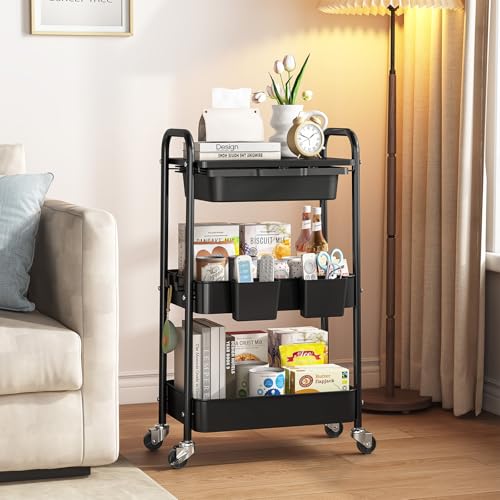 KINGRACK 3 Tier Metal Rolling Cart with Drawer, Black Utility Storage Cart | 2 Cups & 4 Hooks, Lockable Wheels, Trolley Organizer for Bathroom, Kitchen, Office, Nursery, Dorm, Laundry, Craft Room - color: Black