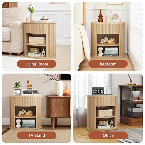 Fluted End Table with Drawer, Boho Side Table with Storage, Mid Century Modern Nightstand for Bedroom Bedside, Living Room Couch Sofa, Office, Desk Side Table for Small Spaces - color: Oval-natural