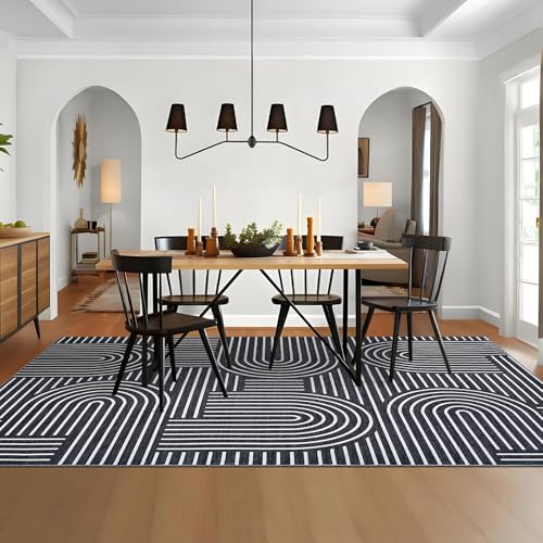 ROYHOME Modern Washable Rug 9x12 Area Rugs for Living Room Non Slip, Black | Abstract Rug for Bedroom, Rainbow Throw Rugs with Rubber Back, Low Pile Stain Resistant Boho Geometric Carpet for Dining Room - color: Black, size: 9' x 12' (Rectangular)