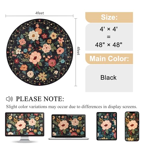 DUKINO 4ft Round Rug, Floral Washable Small Round Area Rug Non Slip, Black | Soft, Low Pile, Stain Resistant Indoor Circle Rug for Bedroom, Kitchen, Kids Room, Living Room, Pet Friendly, Home Decor - color: Black, size: 4' (Round)