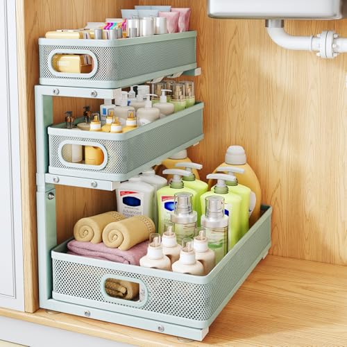 Under Sink Organizer, 3-Tier Thickened Metal Pull out Cabinet Organizer Shelf, Height Adjustable Slide out Storage Drawer Rack for Kitchen Bathroom Pantry Laundry Home, 1-Pack, LightBlue | 35% Extra Storage Capacity, Carbon Steel, Hold Up 55lbs, Suction C
