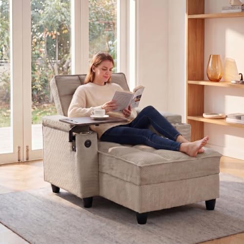 Convertible Sleeper Chair, Pull Out Sofa Bed with Adjustable Backrest & Hidden Storage Armrest, Single Sofa Recliner with USB Charging Port & Cup Holders for Living Room, Bedroom, Khaki - color: C-khaki-i3