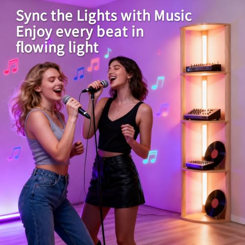RGBCW Corner Floor Lamp with Shelves, LED Smart Modern Floor Lamp with Music Sync, Color Changing Corner Display Shelf Lamp, Standing Lamp with Shelves for Living Room and Bedroom, Office - color: Whitewashed Oak