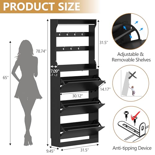 Tall Shoe Cabinet with Coat Rack, Hidden Shoe Storage Cabinet with Doors & Drawer, Hanging Bar & Hooks, Slim Narrow Freestanding Shoe Rack Organizer for Entryway, Hallway & Living Room, Black - color: Black, style: Tall 3 Drawers
