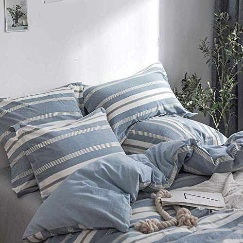 BISELINA Bedding Duvet Cover Set 100% Washed Cotton Linen Like Textured Yarn Dyed Horizontal Stripes Reversible Breathable Soft Comfy Chic Bedding (Twin, Button Closure Blue) - color: Button Closure - Blue, size: Twin