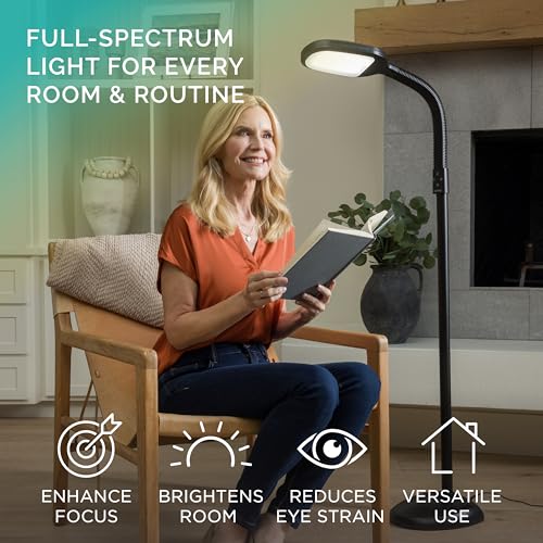 Verilux SmartLight Full Spectrum LED Modern Floor Lamp with Adjustable Brightness, Flexible Gooseneck and Easy Controls - Reduces Eye Strain and Fatigue - Ideal for Reading, Artists, Craft (Black) - color: Black