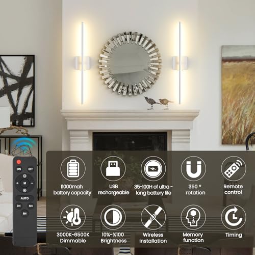 Battery Operated Wall Sconces Set of 2, 11000mAh Wireless Rechargeable White Wall Lights with Remote Control, 350°Rotate Dimmable Wall Lamp, 3 Color Temperatures, for Bedroom, Living Room, Hallway - color: White, size: 2 Pack
